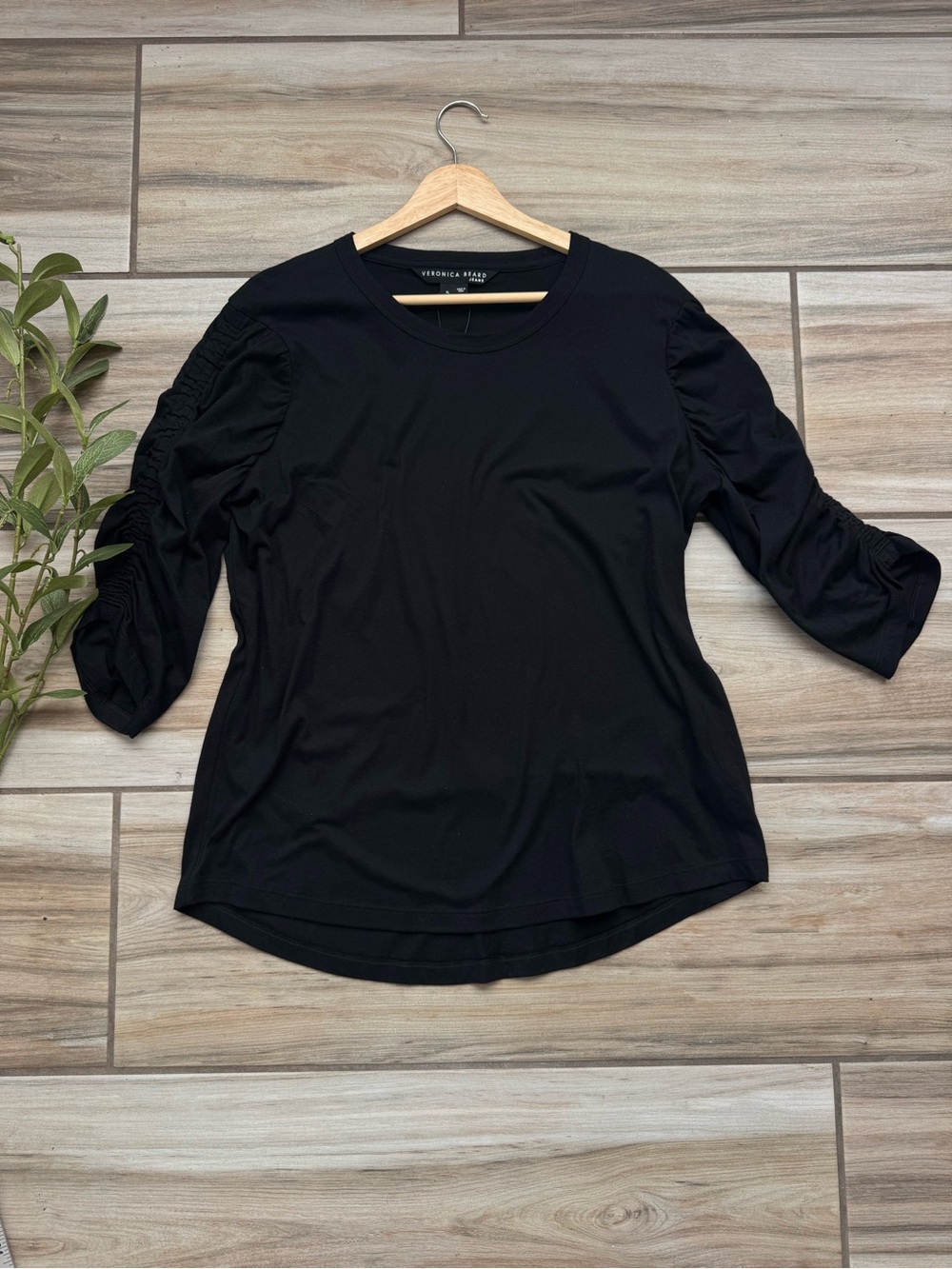 Veronica Beard Jeans Waldorf Black Ruched Sleeve Pima Cotton Tee XL NWT